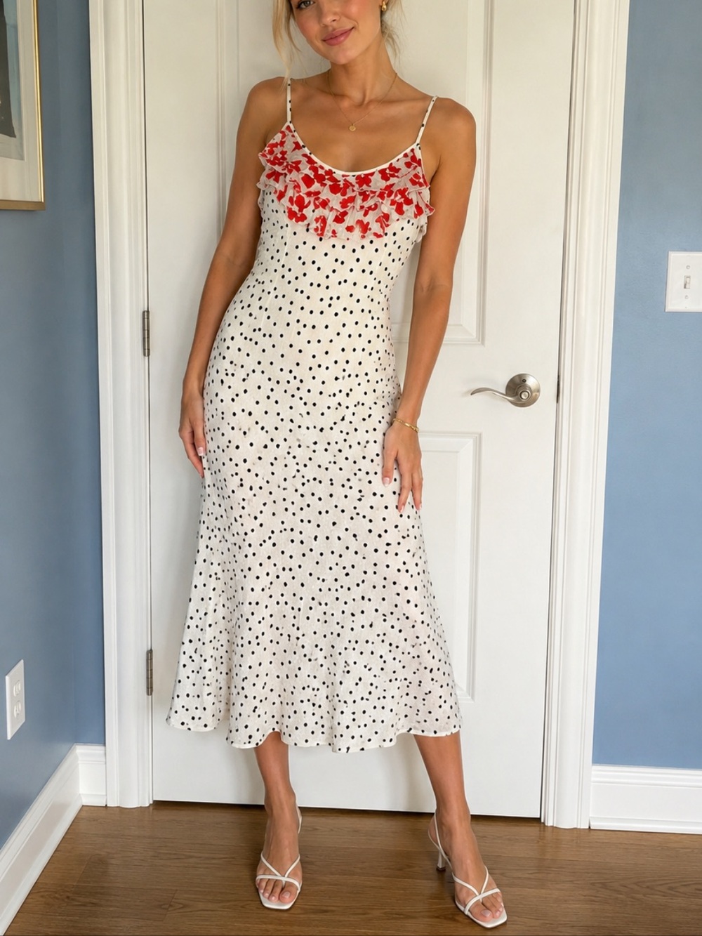 RIXO x Target Polka Dot Floral Appliqué Midi Dress White Black Red 54764